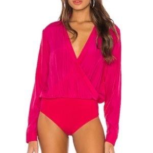 Bebe Pink Mulberry Front Silk Charmeuse Long Sleeve Surplice Bodysuit